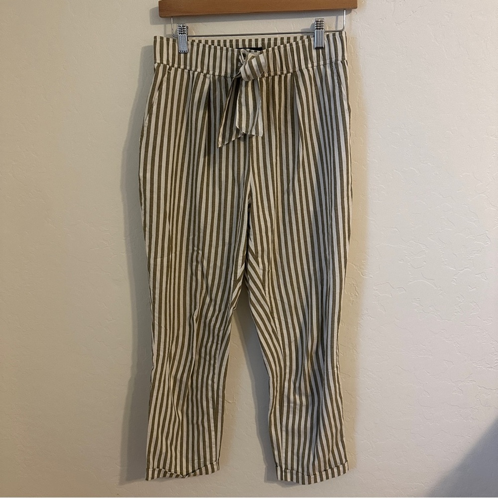 Zara Olive and White Striped Cotton Trousers Tie Waist Tapered Pants XS